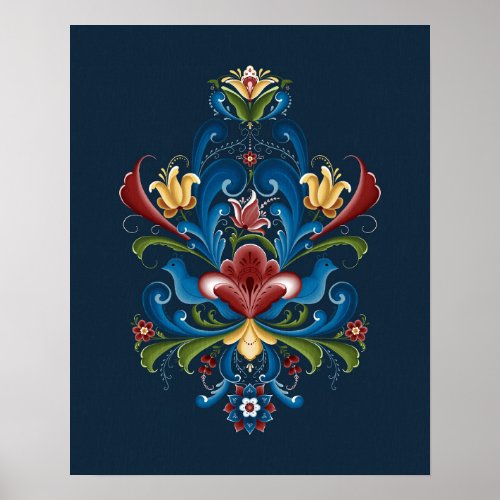 Scandinavian Rosemaling Folk Blue Red Poster