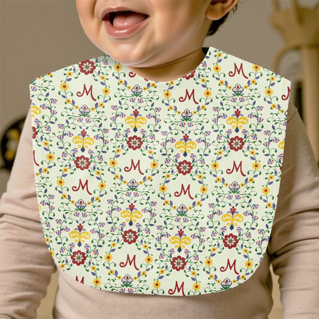 Scandinavian Rosemaling Monogram Pattern Nordic Baby Bib (Creator Uploaded)