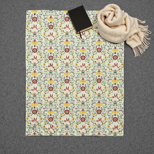 Scandinavian Rosemaling Monogram Pattern Nordic Fleece Blanket (Creator Uploaded)