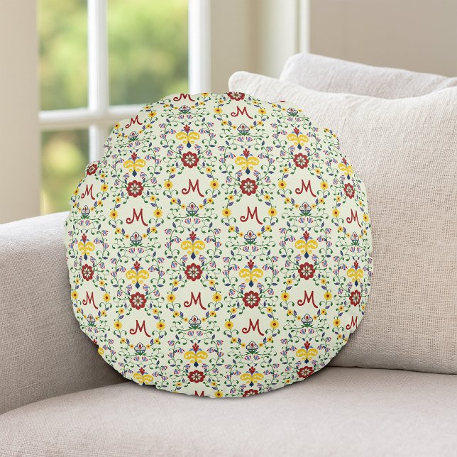 Scandinavian Rosemaling Monogram Pattern Nordic Round Pillow (Creator Uploaded)