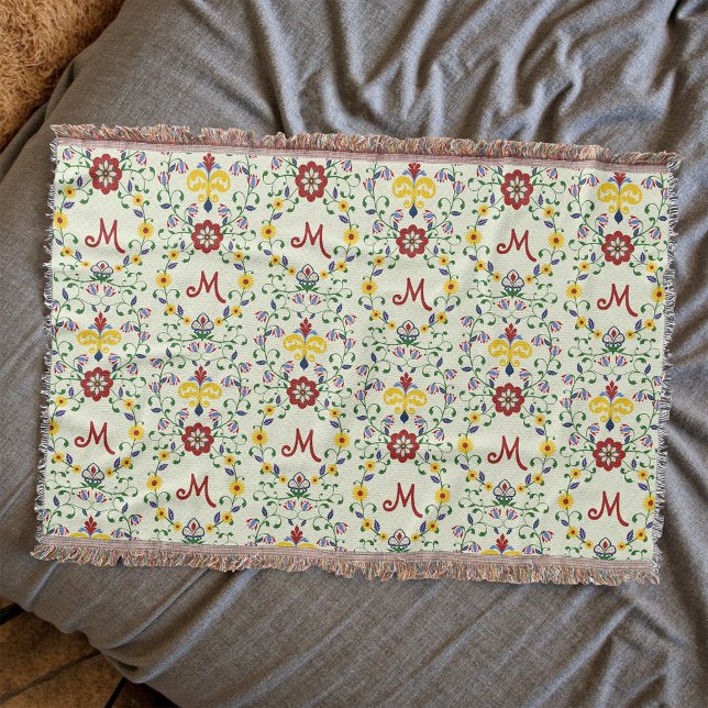 Scandinavian Rosemaling Monogram Pattern Nordic Throw Blanket (Creator Uploaded)