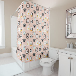 Scandinavian Safari Animal Faces Peach Kids Shower Curtain