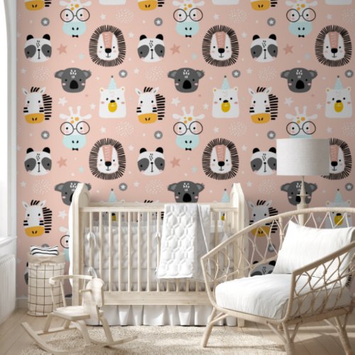 Scandinavian Safari Animal Faces Peach Nursery Wallpaper