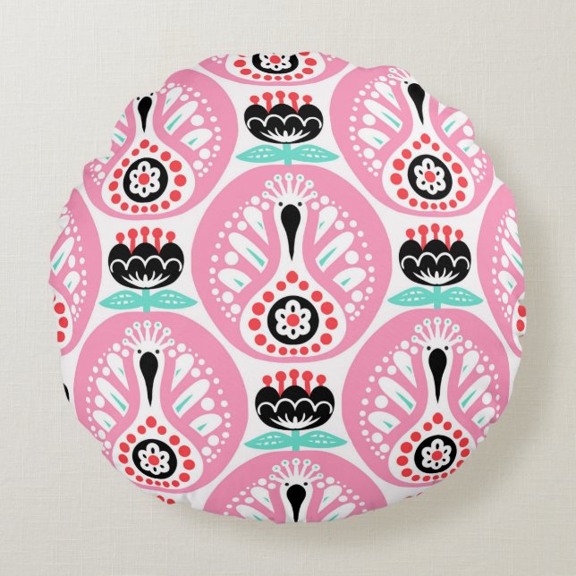 Scandinavian seamless folk art pattern with cute b round pillow (Front)