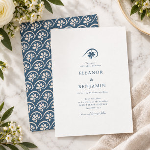 Scandinavian Slate Blue Minimalist Floral Wedding Invitation