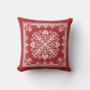 Scandinavian Snowflake Red and White Christmas Throw Pillow