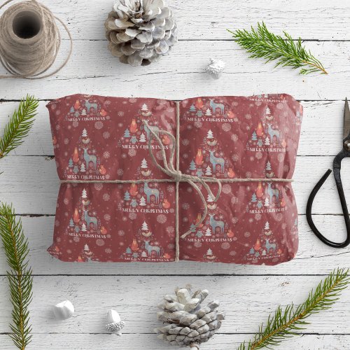 Scandinavian Snowflake Reindeer Tree Animal Red  Wrapping Paper