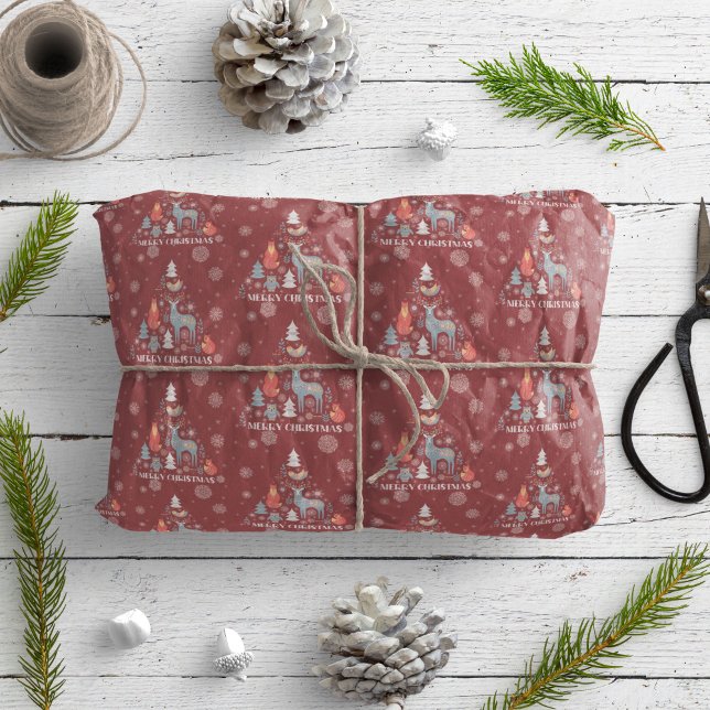Scandinavian Snowflake Reindeer Tree Animal Red  Wrapping Paper (Creator Uploaded)