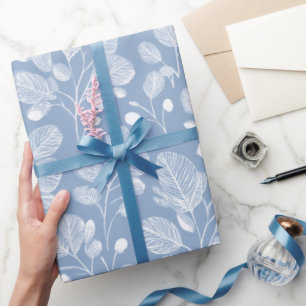 Scandinavian Soft Blue Leaf White Floral Pattern Wrapping Paper