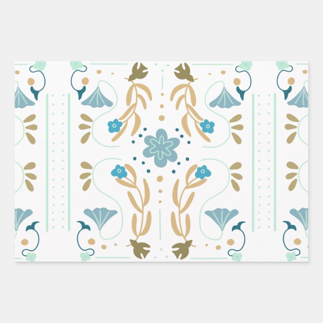 Scandinavian Spring Blue Floral Wrapping Paper Sheets (Front)