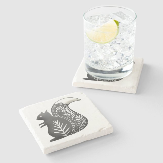 Scandinavian Squirrel Art Grey Stone Coaster (Side)
