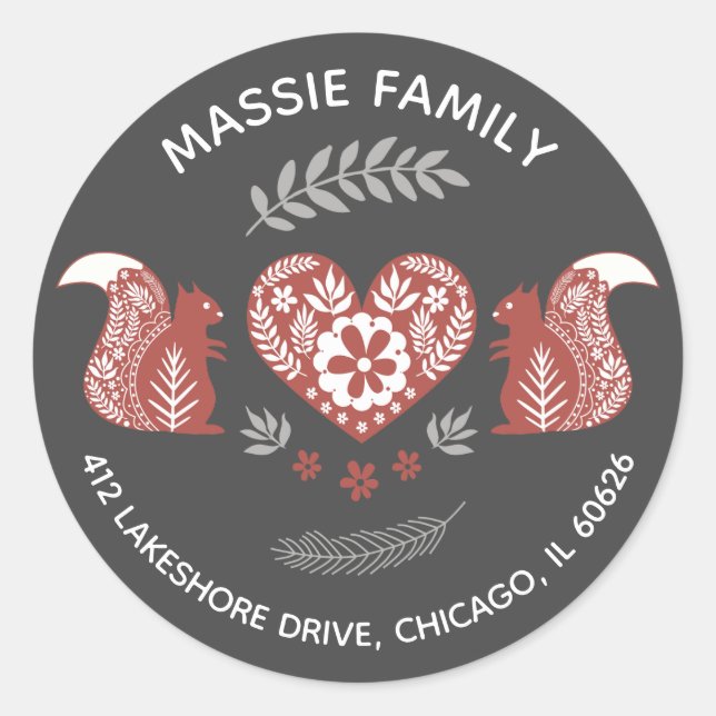 Scandinavian Squirrels With Heart Address Classic Round Sticker (Front)