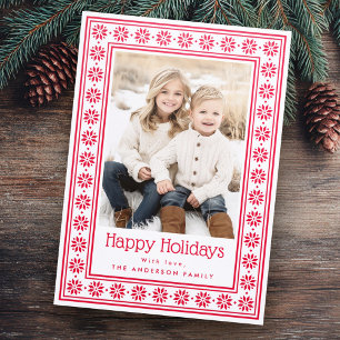 Scandinavian star pattern border Happy Holidays Letterpress Photo Cards