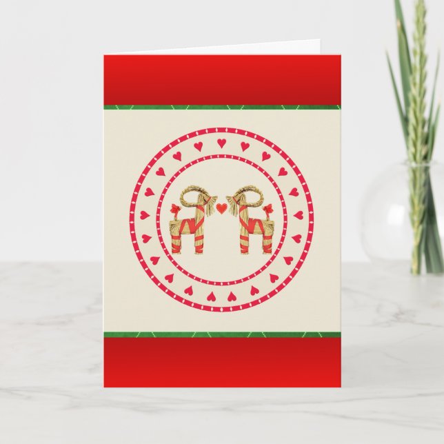 Scandinavian Straw Goats With Hearts Christmas Holiday Card (Front)