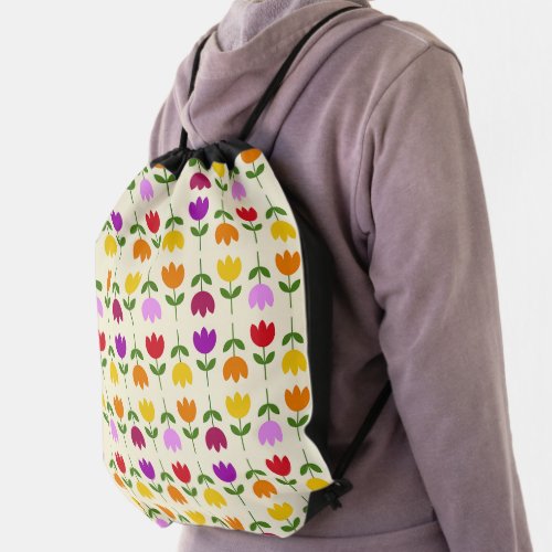 Scandinavian Style Col on Crm Flower Rpt Pattern Drawstring Bag