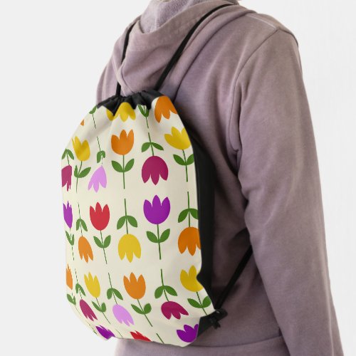 Scandinavian Style Colorful on Crm Flower Pattern Drawstring Bag