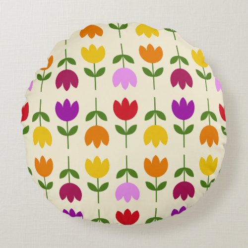 Scandinavian Style Colorful on Crm Flower Pattern Round Pillow