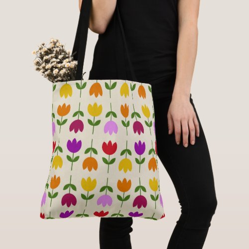 Scandinavian Style Colorful on Crm Flower Pattern Tote Bag