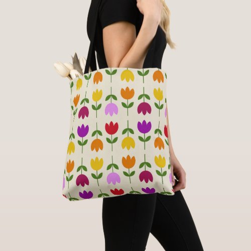Scandinavian Style Colorful on Crm Flower Pattern Tote Bag