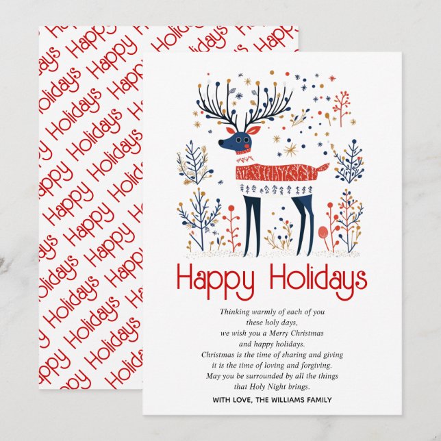 Scandinavian style deer red blue Christmas  Holiday Card (Front/Back)