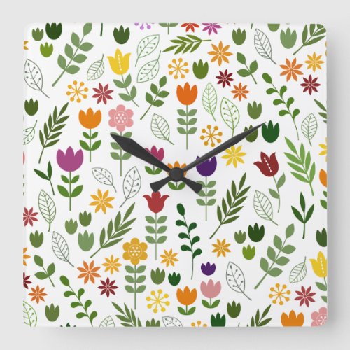 Scandinavian Style Flora  Fauna Pattern Square Wall Clock