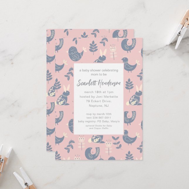 Scandinavian Style Folk Art Baby Shower Invitation (Front/Back In Situ)
