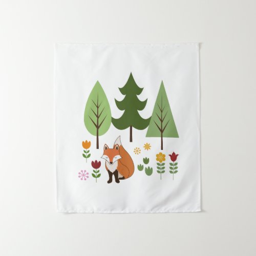 Scandinavian Style Fox Flowers Trees and Text Tapestry