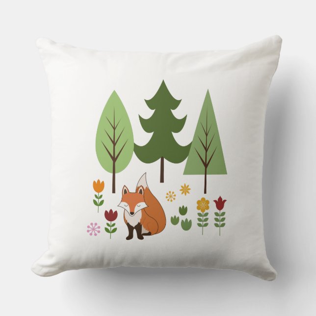 Scandinavian Style Fox Flowers Trees and Text Throw Pillow (Front)