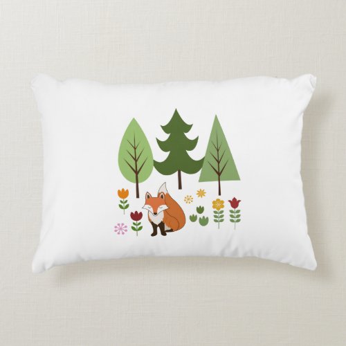 Scandinavian Style Fox Flowers Trees Illustration Accent Pillow