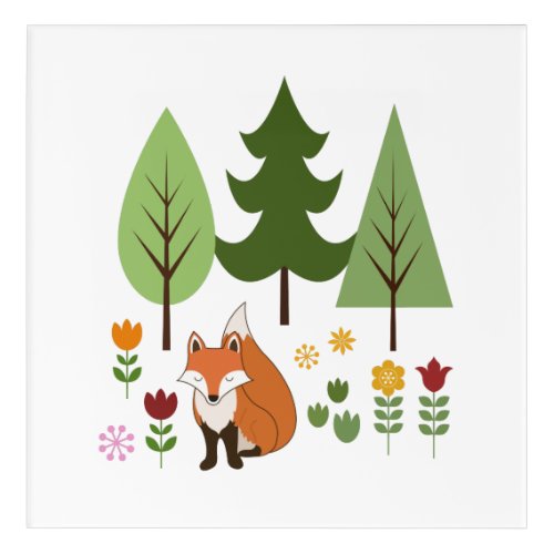 Scandinavian Style Fox Flowers Trees Illustration Acrylic Print