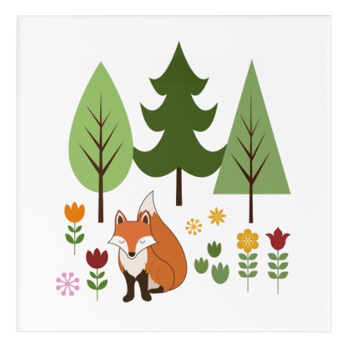 Scandinavian Style Fox Flowers Trees Illustration Acrylic Print