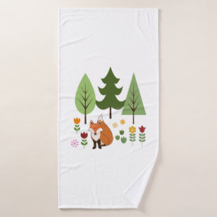 Scandinavian Style Fox Flowers Trees Illustration Bath Towel