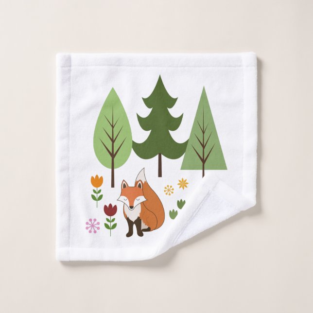 Scandinavian Style Fox Flowers Trees Illustration Bath Towel Set (Wash Cloth)