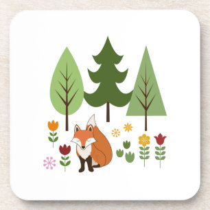 Scandinavian Style Fox Flowers Trees Illustration Beverage Coaster