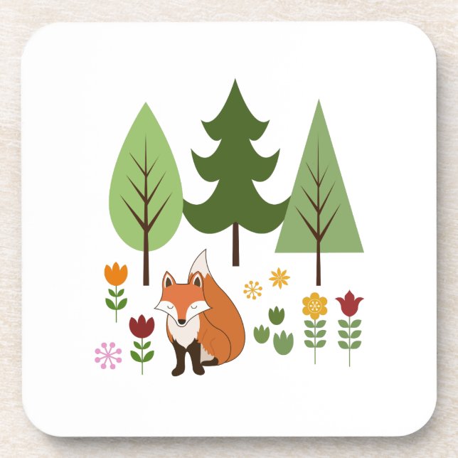 Scandinavian Style Fox Flowers Trees Illustration Beverage Coaster (Front)