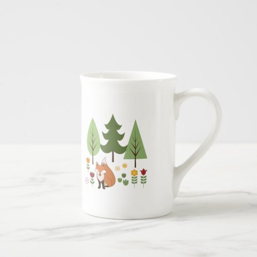 Scandinavian Style Fox Flowers Trees Illustration Bone China Mug