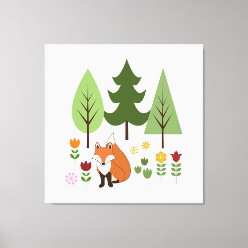 Scandinavian Style Fox Flowers Trees Illustration Canvas Print