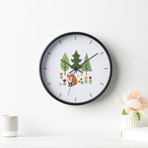 Scandinavian Style Fox Flowers Trees Illustration Clock