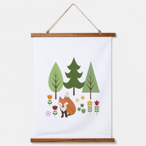 Scandinavian Style Fox Flowers Trees Illustration Hanging Tapestry