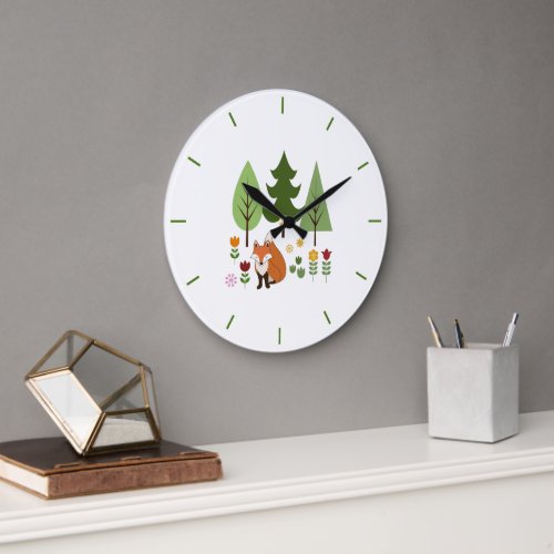 Scandinavian Style Fox Flowers Trees Illustration Large Clock