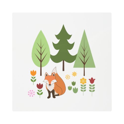 Scandinavian Style Fox Flowers Trees Illustration Metal Print