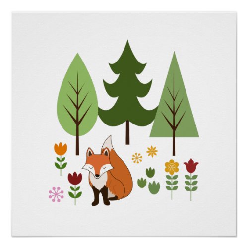Scandinavian Style Fox Flowers Trees Illustration Poster