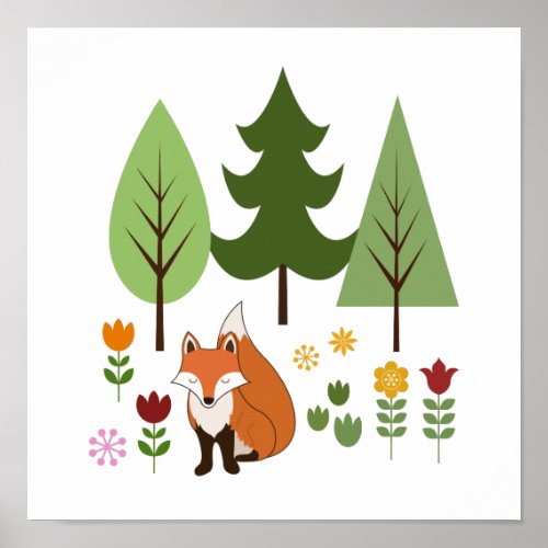 Scandinavian Style Fox Flowers Trees Illustration Poster