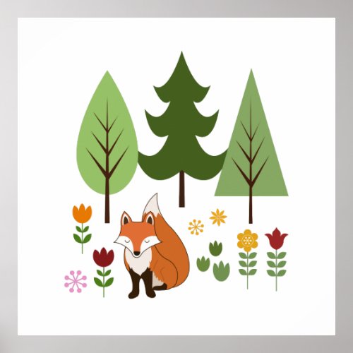 Scandinavian Style Fox Flowers Trees Illustration Poster