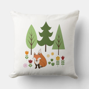 Scandinavian Style Fox Flowers Trees Illustration Throw Pillow