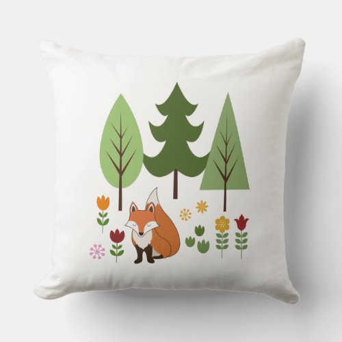 Scandinavian Style Fox Flowers Trees Illustration Throw Pillow