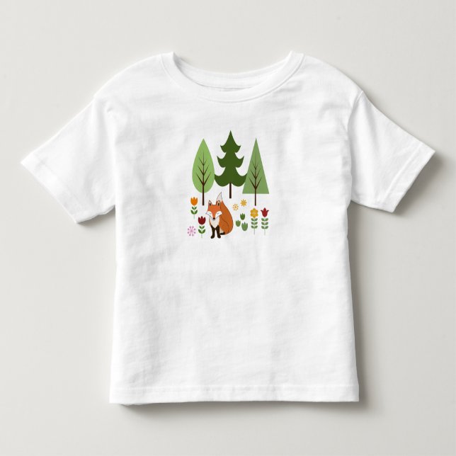 Scandinavian Style Fox Flowers Trees Illustration Toddler T-shirt (Front)