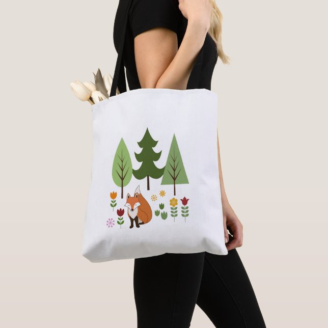 Scandinavian Style Fox Flowers Trees Illustration Tote Bag (Close Up)