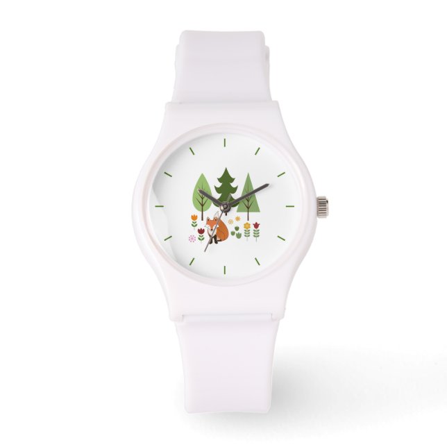 Scandinavian Style Fox Flowers Trees Illustration Watch (Front)