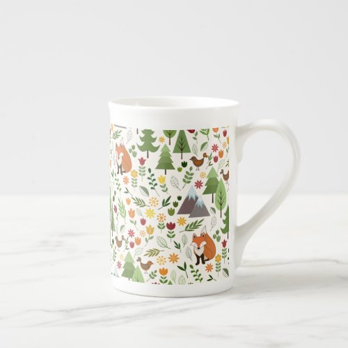 Scandinavian Style Illustrations on Cream Pattern Bone China Mug